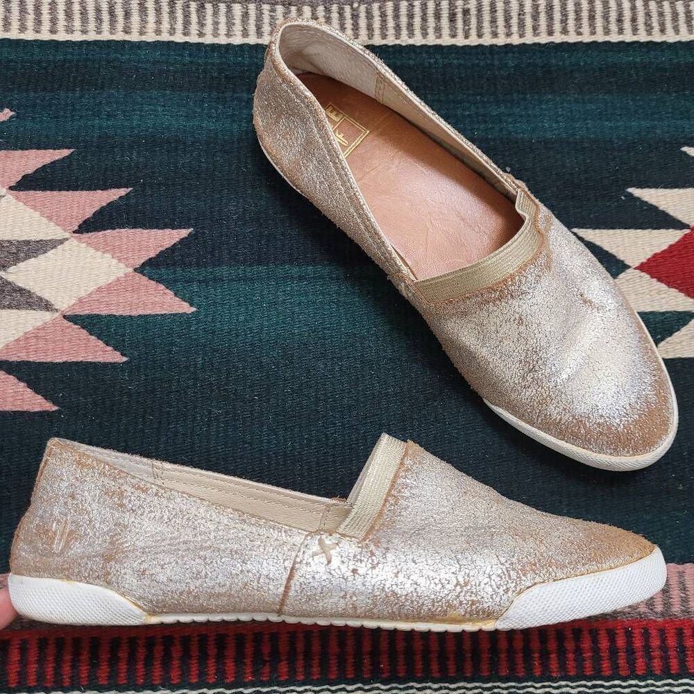 Frye Melanie Metallic Gold Leather Slip On Sneakers Shoes Sz 6.5 Lightweight‎